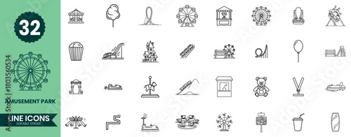 Amusement Park Line Icons Set 32 Outline Carnival and Theme Park Symbols