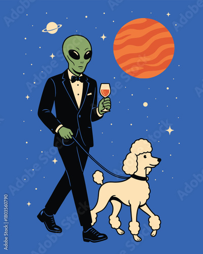 Elegant Alien in Tuxedo Walking Poodle on a Space Planet