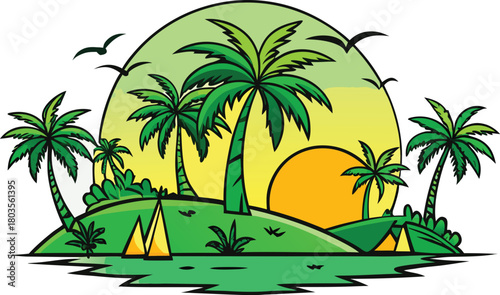 Green silhouetted tropical island scenes with palm trees, sun and birds.