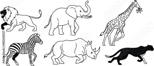 Wildlife animals collection illustrated in black and white
