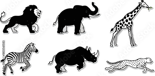 Wildlife animals silhouettes black and white illustration