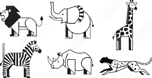 Black and white stylized african animals collection for design