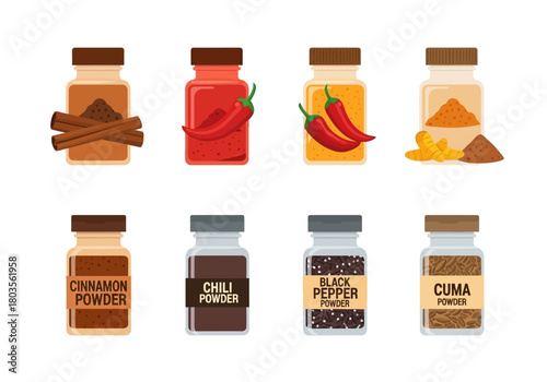 Eight spice jars illustrated in two rows four wholepowder spices on top four labeled powders below