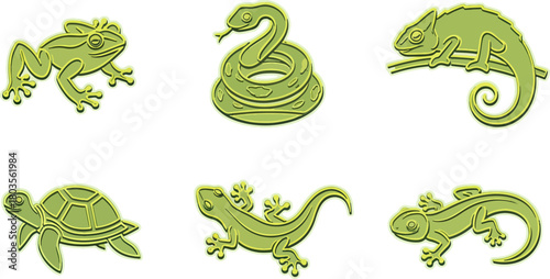 Various reptiles and amphibians illustrations in green isolated on white