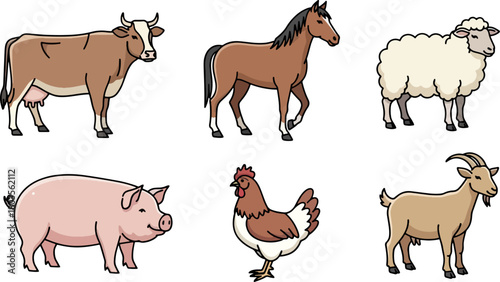Farm animals illustration set various livestock breeds vector