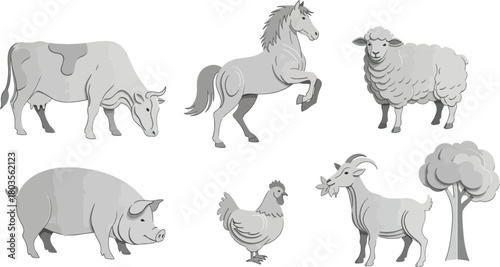 Farm animals illustration cow horse sheep pig chicken goat tree elements