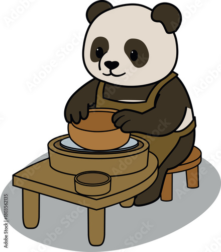 Vector illustration of a panda working at a potter's wheel, creating a ceramic piece. Adorable and educational design, ideal for school materials, and art activities
