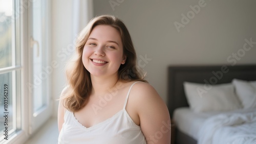 Free Download Caucasian Woman Smiling by Bedroom Window Morning Natural Light - GFXLoad