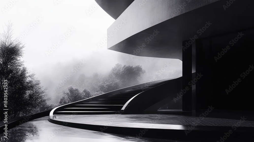 Fototapeta premium Modern architectural curves leading to foggy nature scene