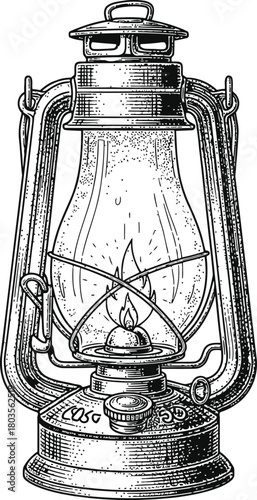 Vintage oil lamp illustration in a classic engraved woodcut style isolated on black.