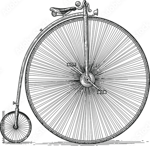 Vintage penny farthing bicycle outline illustration from the 19th century era