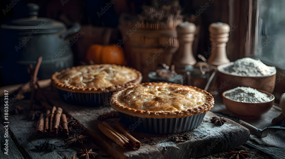Fototapeta premium Freshly baked pumpkin pies with autumn spices in warm rustic kitchen setting
