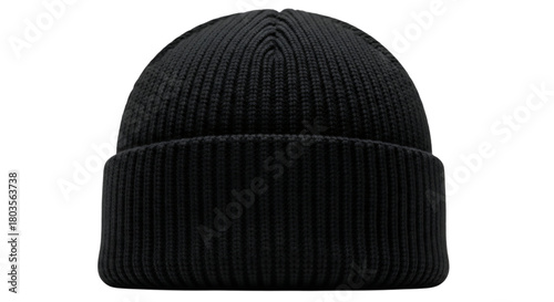 Black knitted beanie hat isolated on transparent background