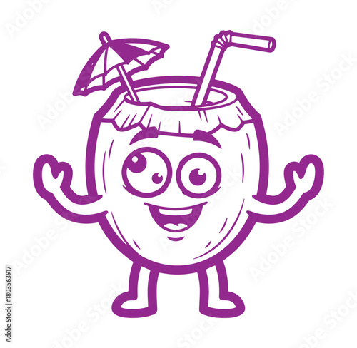 Happy coconut drink mascot cartoon with umbrella and straw in a vector illustration