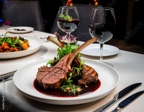 Fototapeta Naklejka Na Ścianę i Meble -  赤ワインソースで仕上げた骨付きラムチョップのディナーとグラスワインの高級レストラン風景｜肉料理,ステーキ,洋食