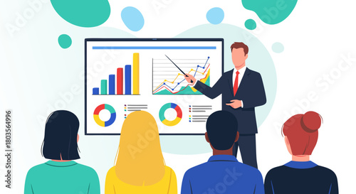Business presentation in office setting with a speaker and audience members with graphs charts and visuals