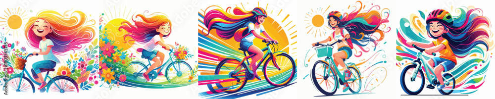 Fototapeta premium vector image of a girl cycling with a white background