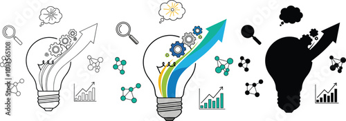 Business Idea Development and Growth Illustration - Light Bulb with Gear and Arrow
