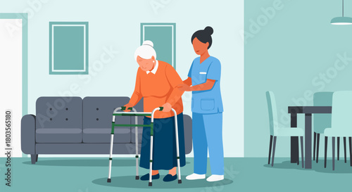 Professional Caregiver Assists Senior Woman Using a Walker for Home Mobility Support, Promoting Independent Elderly Living and Wellness