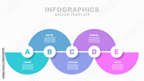 Five-step timeline infographic circular segments, icons, and text for business, planning, or presentation. Vector illustration.