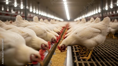 Closeup of chickens feeding in a large poultry farm with automated system