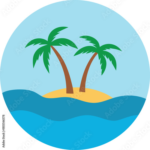 Tropical island paradise with palm trees, sandy beach, and clear blue sea.eps