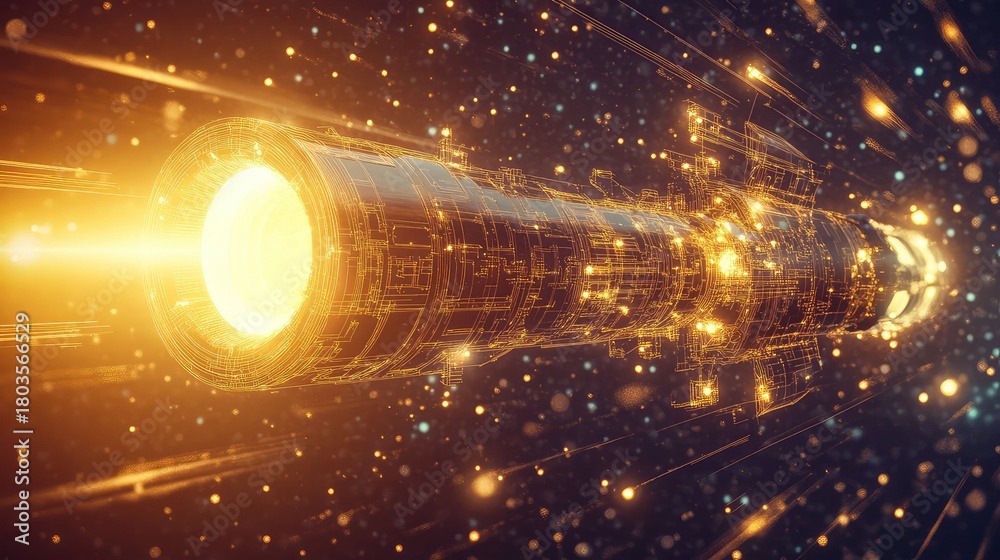 Obraz premium Futuristic spaceship traveling fast through digital data network