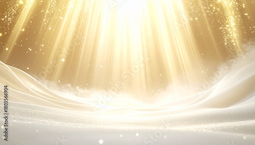 Serene abstract background featuring brilliant golden light rays from above illuminating a peaceful, sparkling landscape