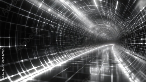 Fototapeta Naklejka Na Ścianę i Meble -  Abstract glowing grid tunnel speeding into digital future