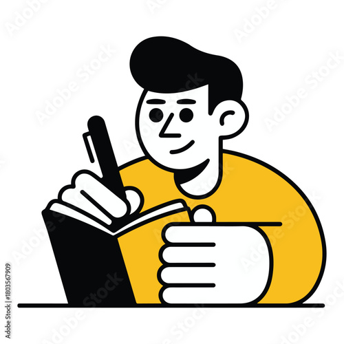 A cheerful cartoon character diligently takes notes in a notebook with a pen, symbolizing education, creative writing, personal development, or professional planning
