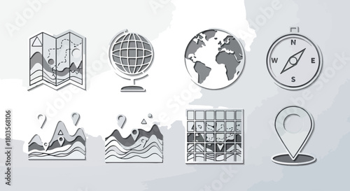 Illustrated icons of navigation and world geography elements