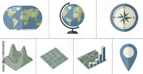 Illustrated maps globes and compass navigation icons for geography education