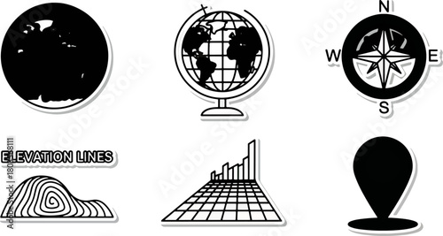 Graphic elements globe compass and map icons for navigation