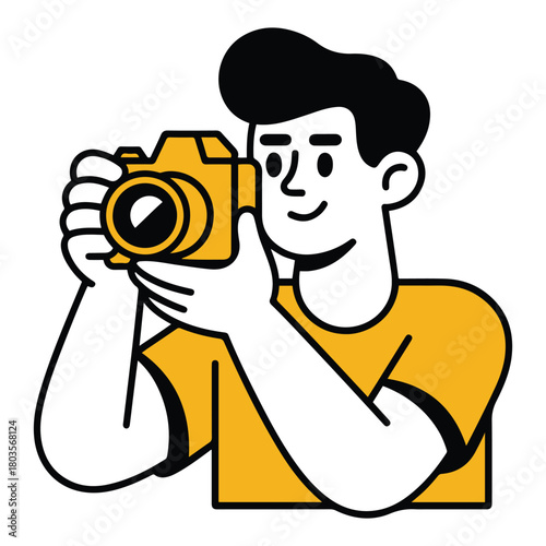 Smiling young man with a classic camera capturing a moment, showcasing the joy of photography and creative expression through visual storytelling