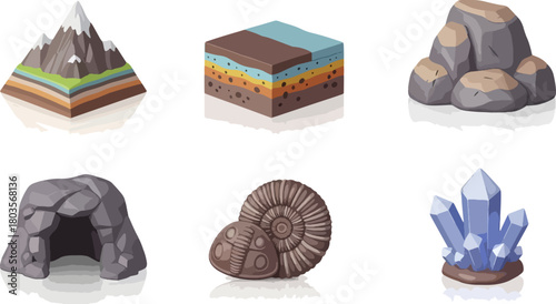 Isometric illustration set of geological and mineral elements