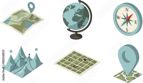 Isometric travel elements globe compass map set