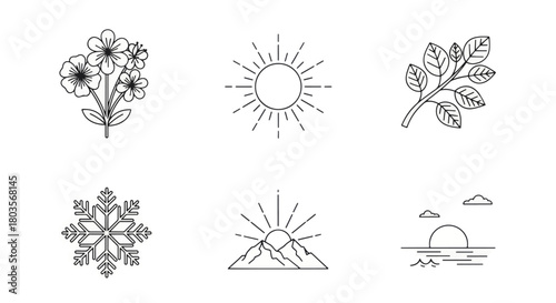 Line art nature icons floral sun leaf snowflake mountain sea