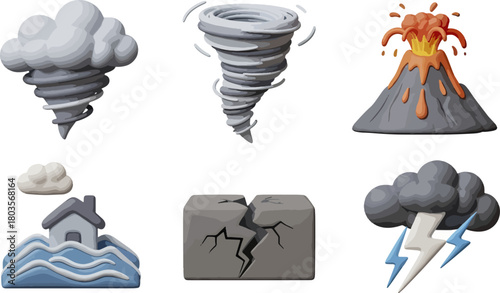 Natural disasters icons set tornado volcano flood earthquake storm cloud