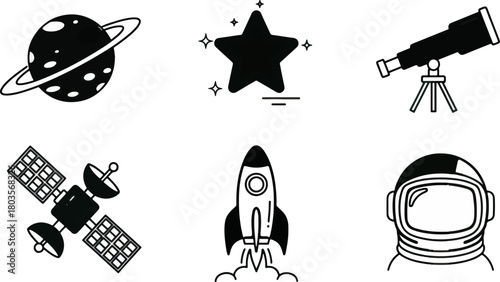 Space exploration icons planets stars telescopes rockets satellites and astronauts