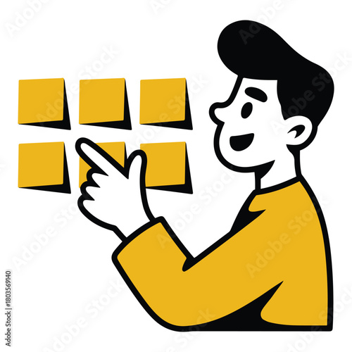Cartoon illustration of a smiling man pointing at yellow sticky notes, symbolizing task management, brainstorming, and idea organization for business or personal projects