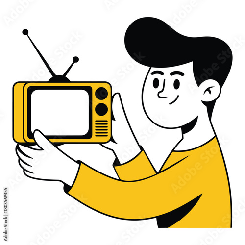 Happy cartoon character holding up a vintage television set, symbolizing classic media content, nostalgic entertainment, and retro technology communication