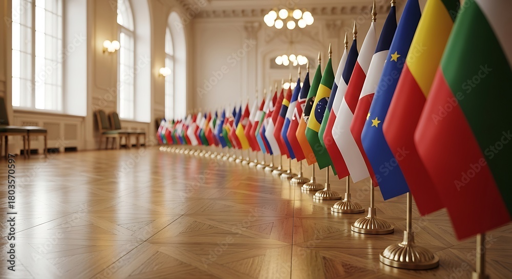 Row of national flags from different countries international cooperation and diplomacy symbol of global unity