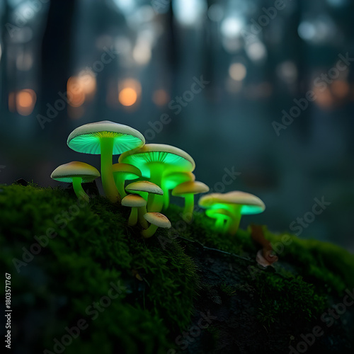 Bioluminescent Mushrooms Glowing on Mossy Log at Dusk