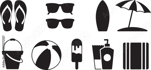 Beach Set Silhouette Collection With Summer Elements Like Flip Flops And Sunglasses