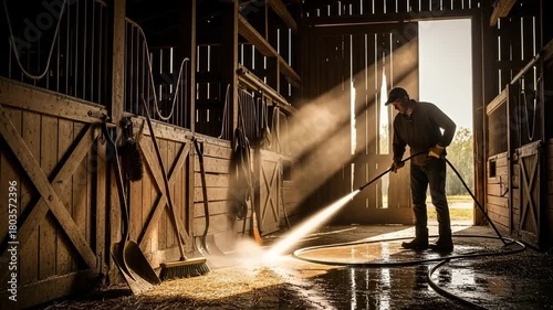 Farmer cleaning horse stable with high pressure water jet, sunlight shining through
