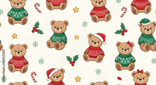 Cute Christmas Teddy Bear Seamless Pattern with Holiday Sweaters and Festive Elements