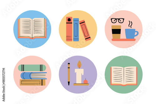 Cozy study time icons for students and book lovers, perfect for education and learning resources, inspiring reading and knowledge seeking in a library