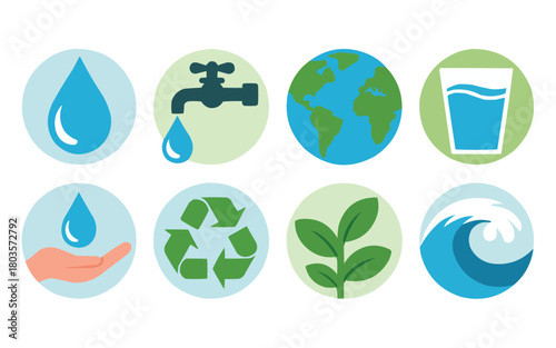 Go Green! Water conservation icons showcasing sustainability, earth, and eco-friendly practices promoting a clean and healthy planet for future generations