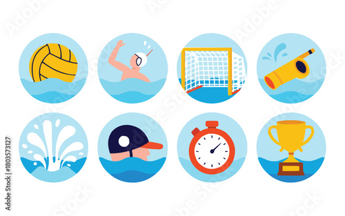 Dynamic water polo icons showcasing sport's equipment and action, perfect for team branding, event promotions, or vibrant educational materials from vector origin