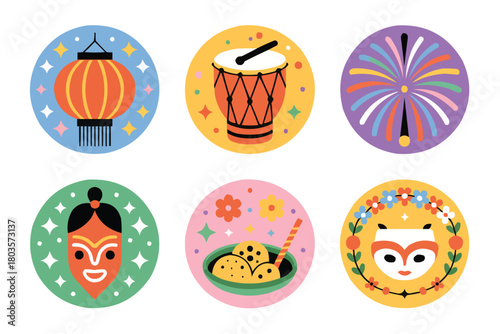 Celebrate Diwali with festive icons: Lanterns, drums, fireworks, masks and delicious sweets for a vibrant and joyful celebration of lights